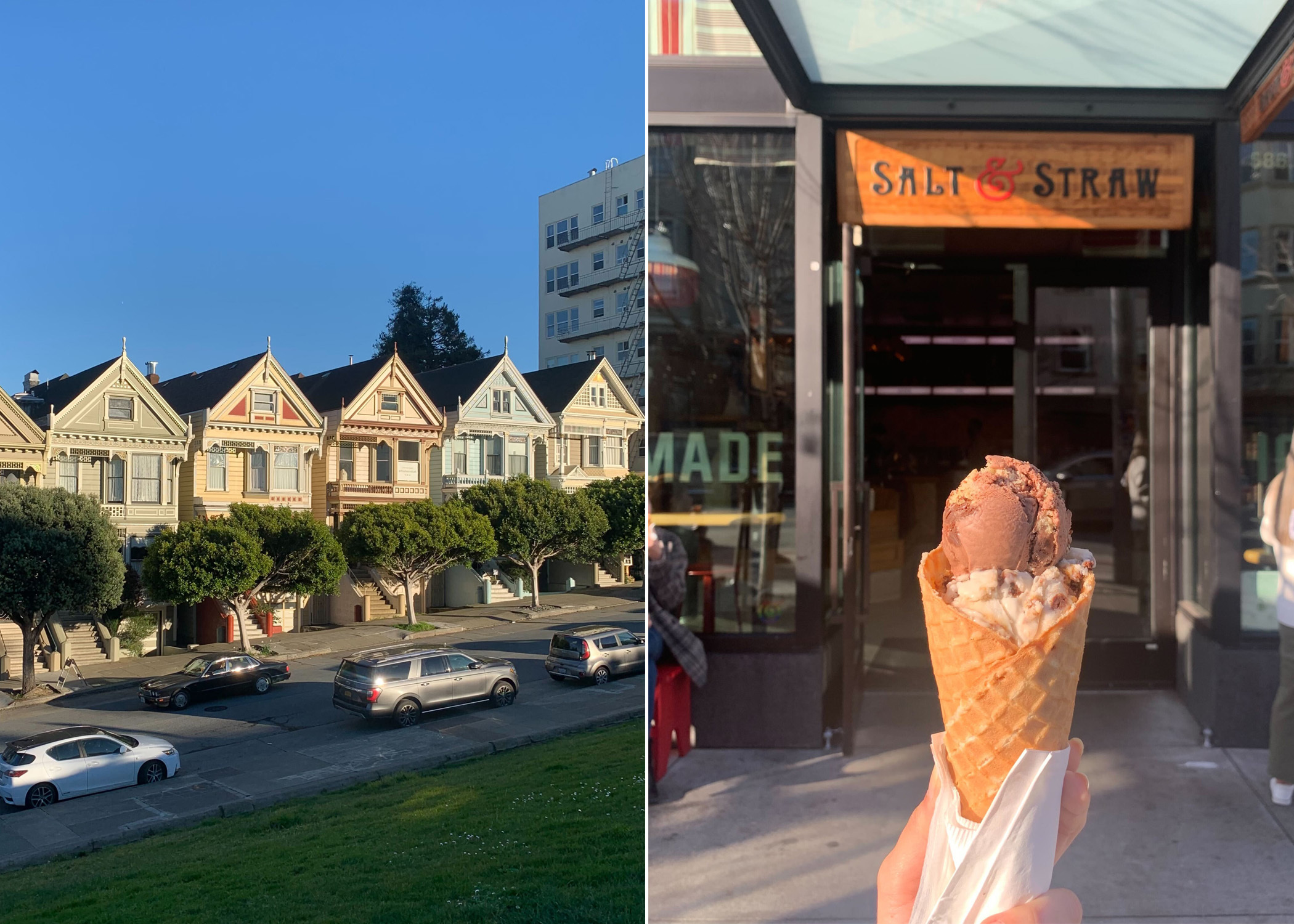 On the left are a row of old houses beautifully painted. On the right, an ice cream cone in a waffle cone is in the foreground with a shop and orange awning behind.