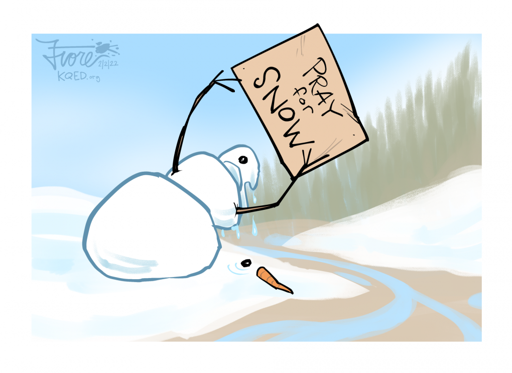 Cartoon: a melting snowperson slumps on a patch of snow while holding a sign that says, "pray for snow." A coal eye and carrot nose are on the ground next to the snowperson.