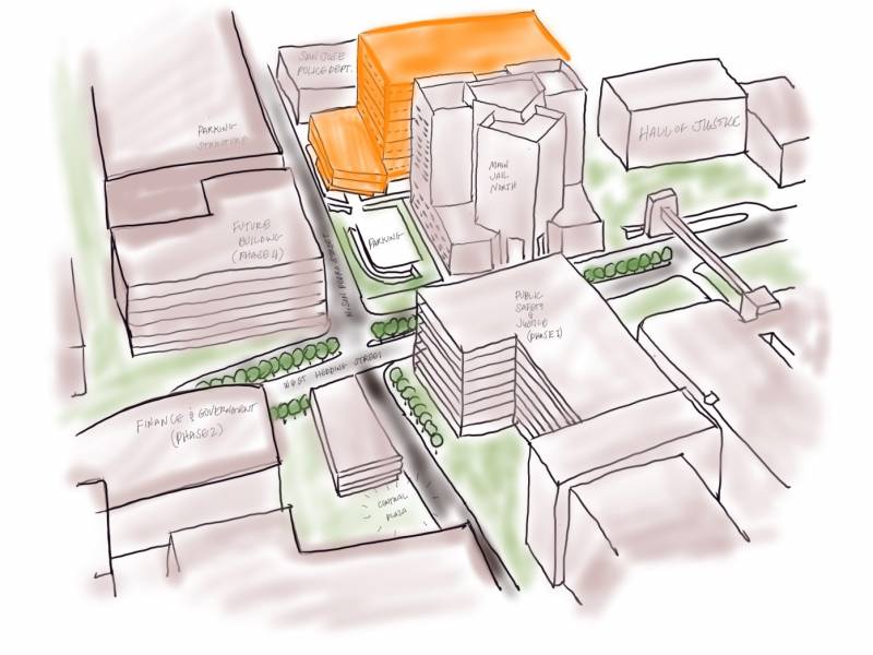 An illustration of a proposed new building in downtown San José.