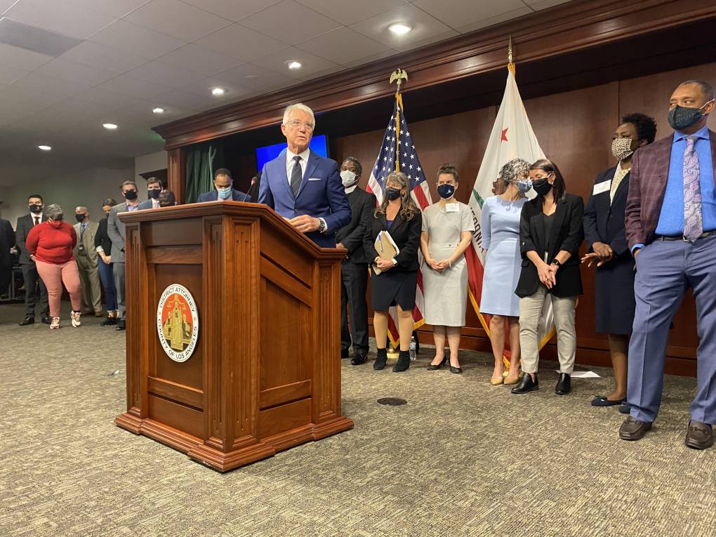 George Gascon at a press conference marking his first year in office as Los Angeles County District Attorney.