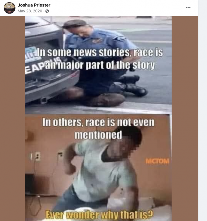 The screenshot of the meme shows a police officer kneeling on a man's neck and below an individual striking another in the head.
