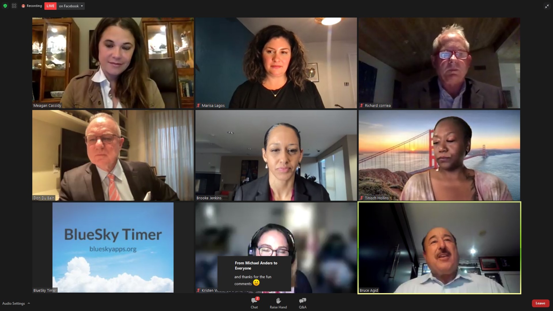 A zoom call with nine windows featuring various experts on criminal justice, two journalists, and community members. 