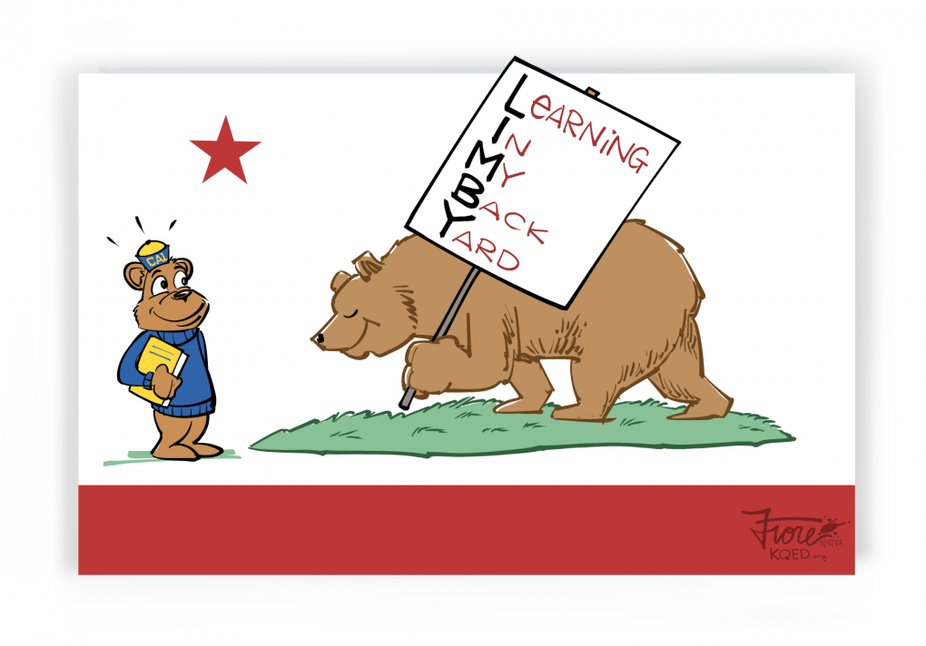 Cartoon: California's bear flag shows the bear holding a "LIMBY" sign that reads, "learning in my backyard" while the Cal mascot, Oski, smiles.