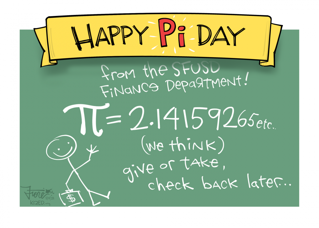 Cartoon: a yellow banner at the top of a chalkboard reads, "Happy Pi Day." Written on the board says, "from the SFUSD finance department!" Pi is written as the wrong number, "2.14592 etc, we think, give or take, check back later."
