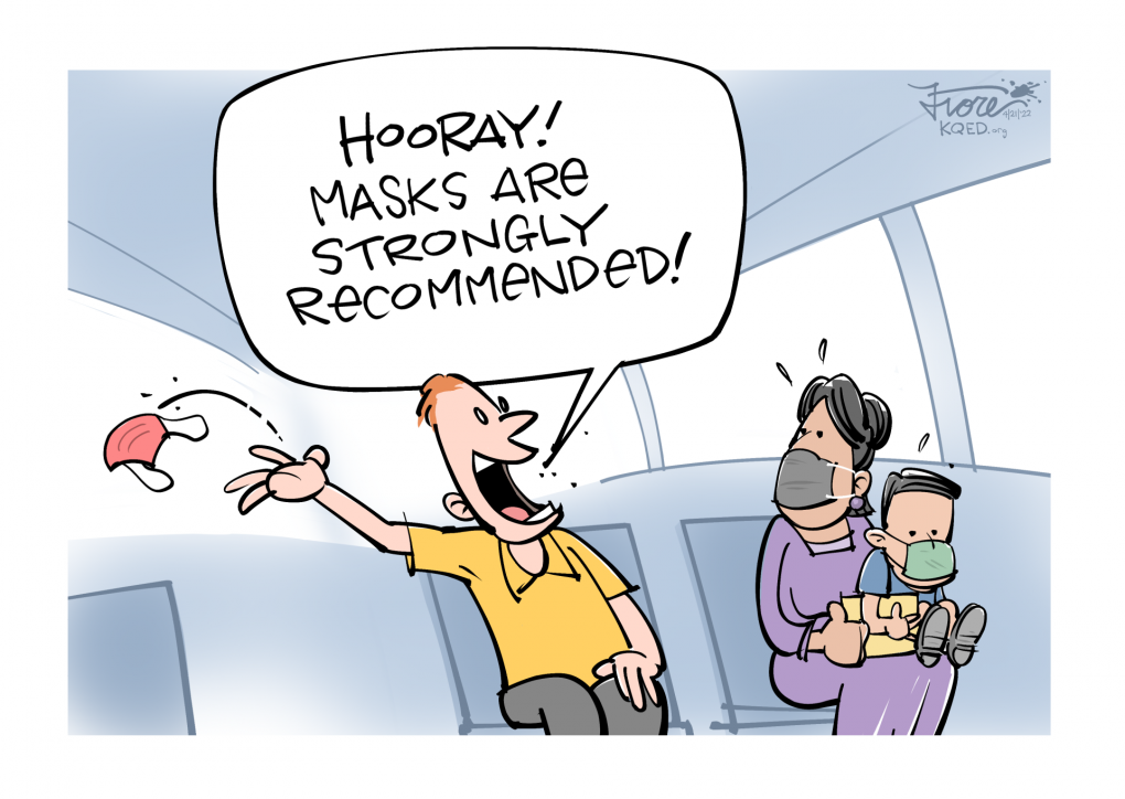 Cartoon: a man on a bus or train throws a face mask away while saying "hooray! Masks are strongly recommended!" A masked woman and child look on with concern.