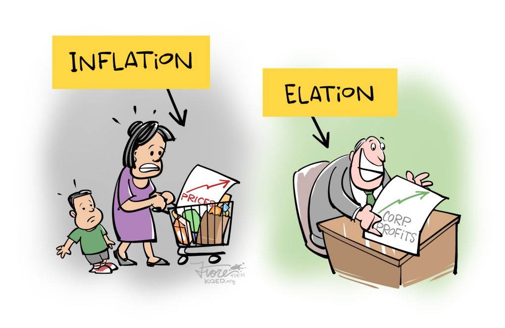 Cartoon: a label "inflation" points to a shocked woman and son with a shopping cart with some food and a chart that shows prices rising. The next panel is labeled "elation" and shows a corporate executive smiling, holding a piece of paper with an up arrow on it labeled, "corp. profits."
