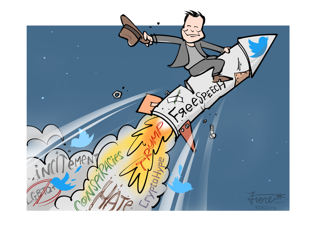 Cartoon: Elon Musk waving a cowboy hat as he rides a ramshackle rocket labeled "free speech" that is spewing "conspiracies, hate, incitement and crypto hype."
