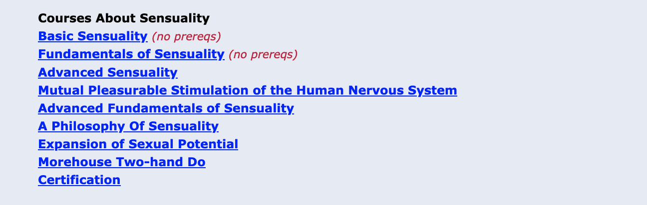 A screenshot of the nine course titles offered by Lafayette Morehouse related to sensuality.