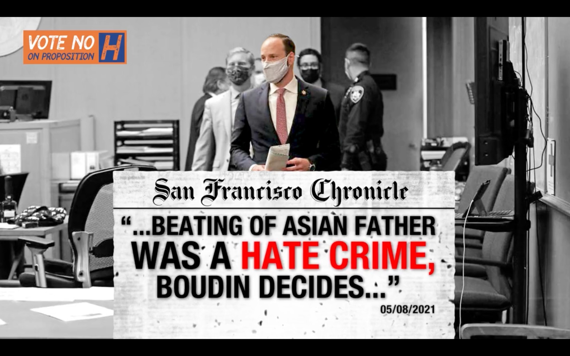 A screenshot from a No on H campaign ad features a San Francisco Chronicle article saying, "beating of Asian Father as a hate crime, Boudin Decides."