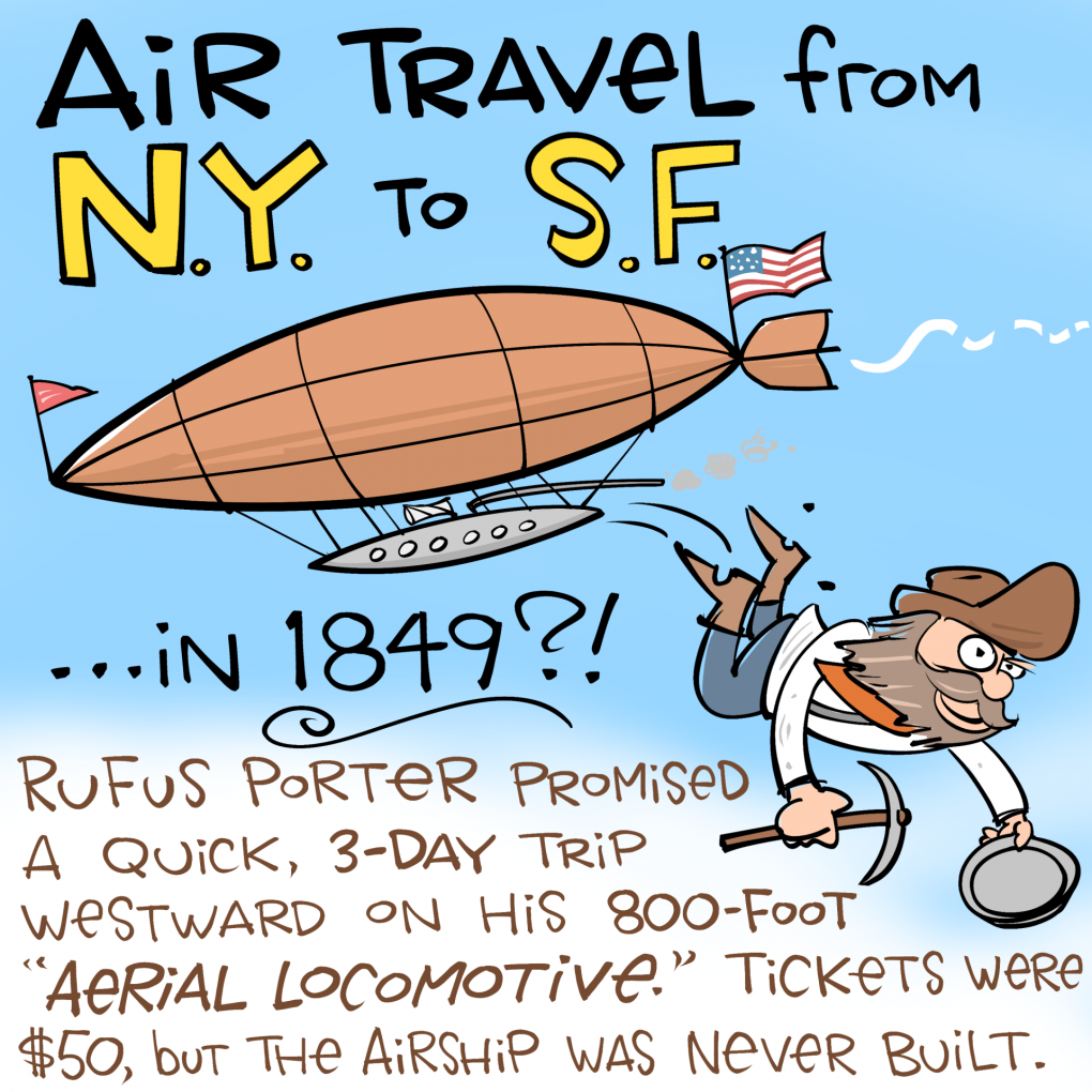 Cartoon: a dirigible floats through the sky as a happy gold mining sourdough character jumps into the sky holding a pick ax and gold pan. Text reads, "air travel from N.Y. to S.F. ... in 1849? Rufus Porter promised a quick, 3-day trip westward on his 800-foot "aerial locomotive." Tickets were $50, but the airship was never built."