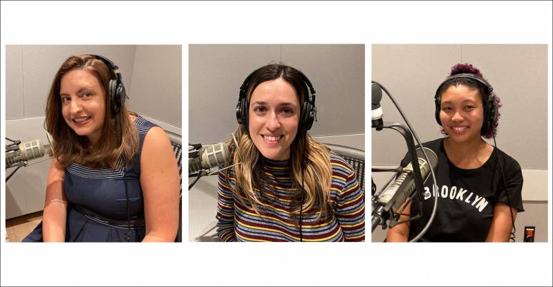 A triptych of three women in front of microphones in a recording booth.