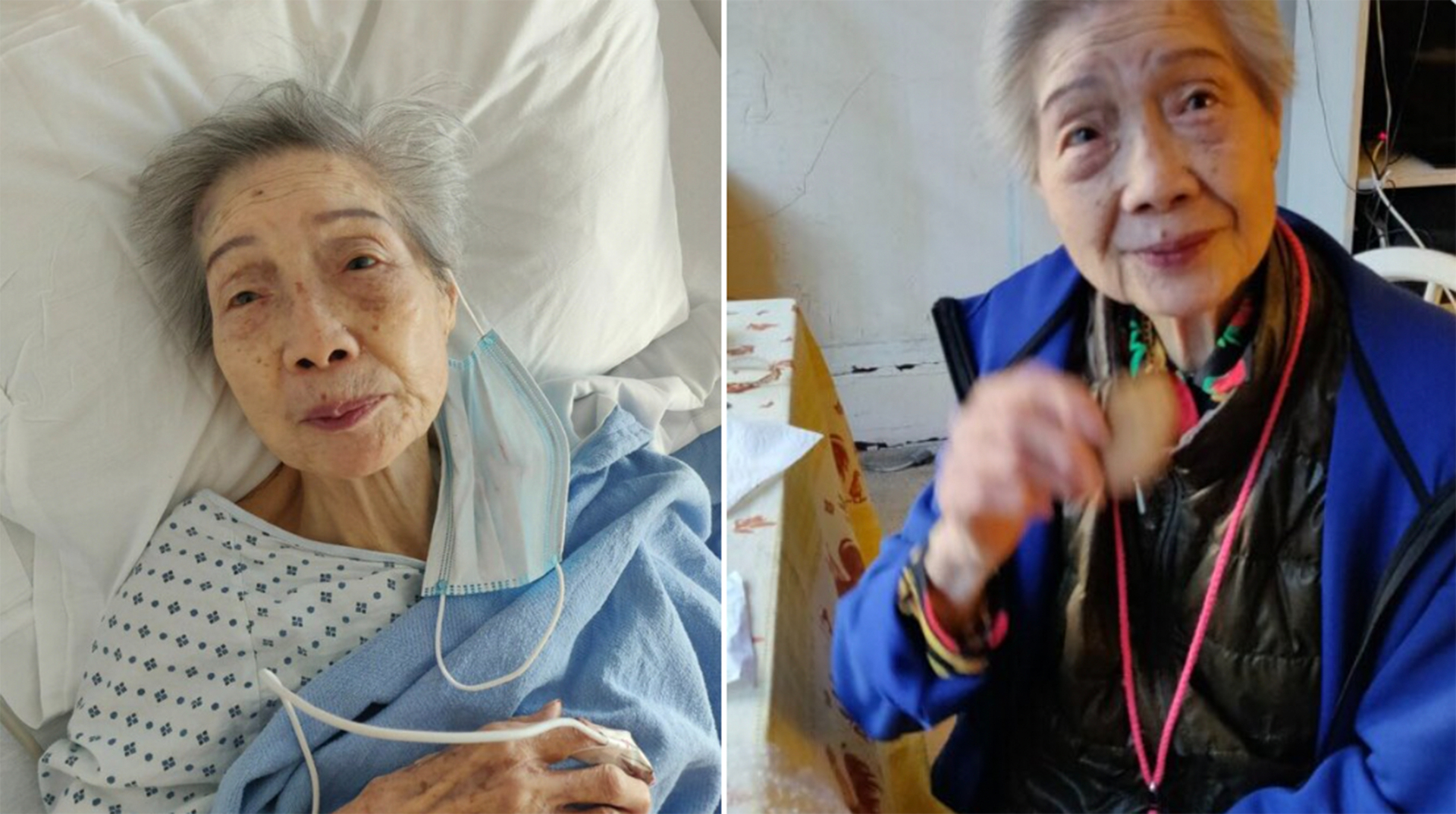 A split screen shot of an older woman, the left of her in a hospital bed, the right of her standing.
