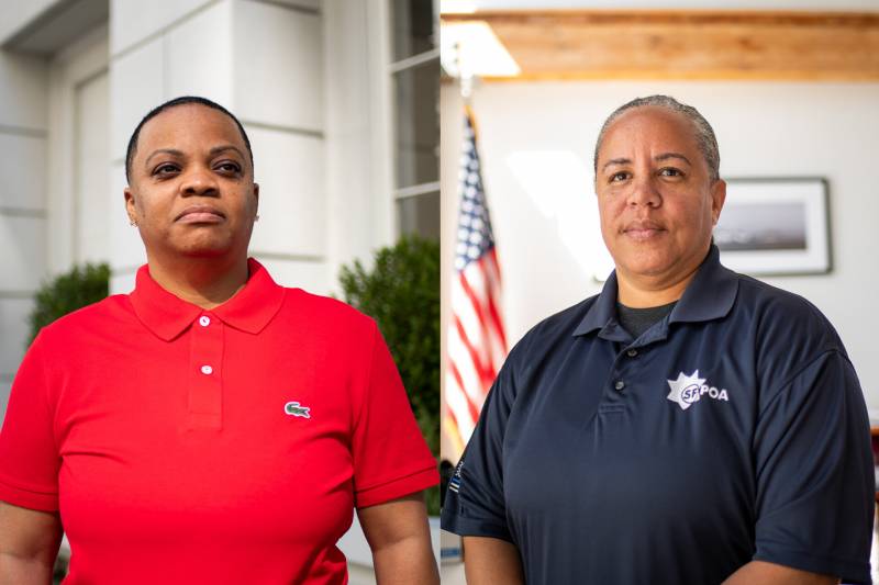 side by side photos of two Black women, one wearing a bright red shirt, one wearing a blue shirt with 'SFPOA' on it - both have serious expressions