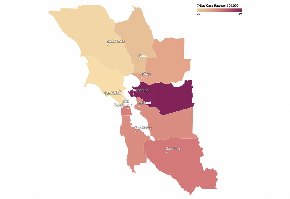 a multicolored map indicating COVID rates in all 9 Bay Area counties