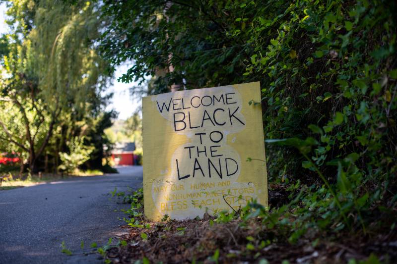 a hand-painted sign against greenery says 'Welcome Black to the land.'