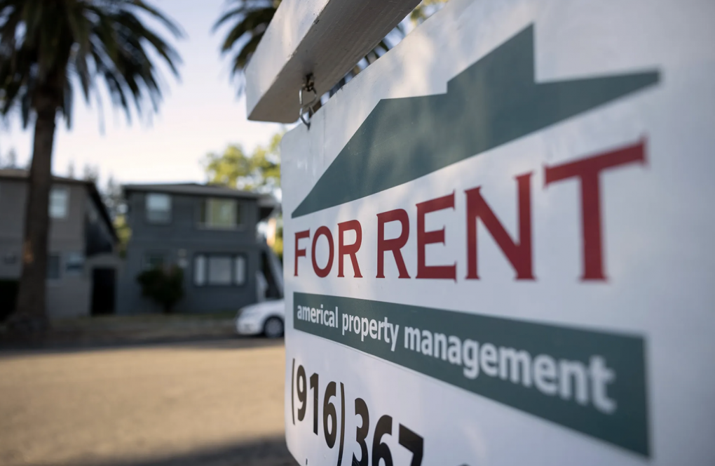 Half the frame is a red, white, and green "For Rent" sign, seemingly posted in the front of a housing complex; beyond the sign are two tall palm trees, a cream-colored dirt road, and the front of a white sedan peeking out in front of a two-story, dark gray housing complex.