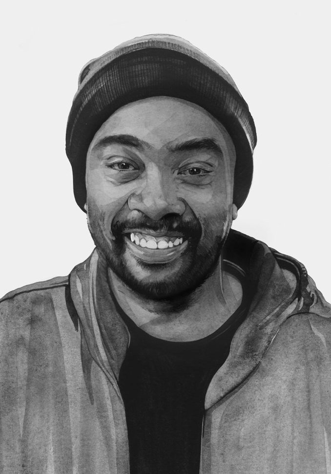 A black-and-white watercolor illustration of a Black man smiling and wearing a beanie and hoodie.
