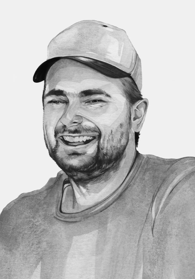 A black-and-white watercolor illustration of a white man smiling broadly as if laughing, with a goatee, beard, baseball cap, and baggy T-shirt.