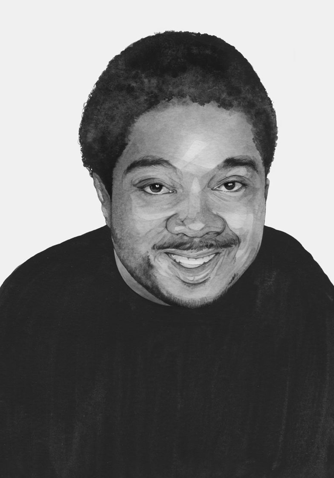 A black-and-white watercolor illustration of a Black man with longish hair smiling and looking up at the viewer, wearing a Black T-shirt.