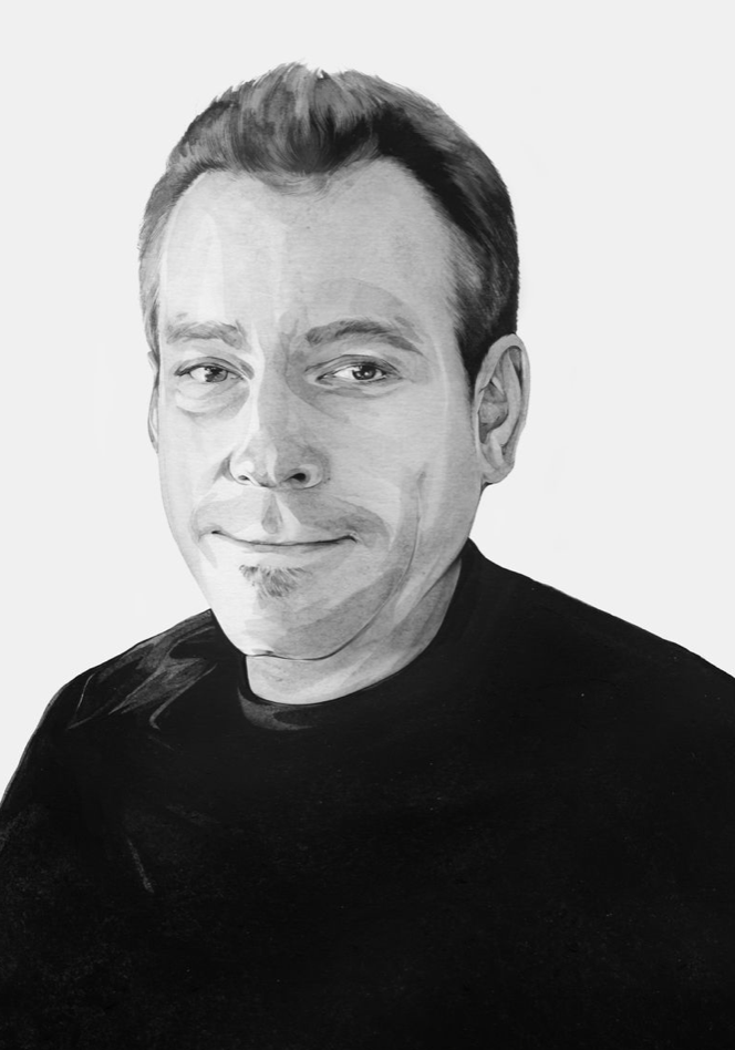 A black-and-white watercolor illustration of a middle-aged white man smiling, with his lips closed so sort of tiredly, with a trim haircut and wearing a black T-shirt.