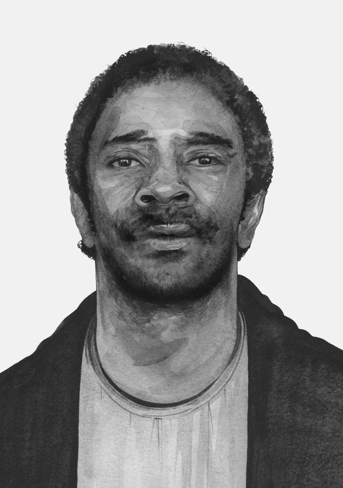 A black-and-white watercolor illustration of a Black man with sort of long hair and facial stubble, wearing a light T-shirt and dark jacket. He is looking straight at the viewer, unsmiling, as if this image is taken from a driver's license photo.