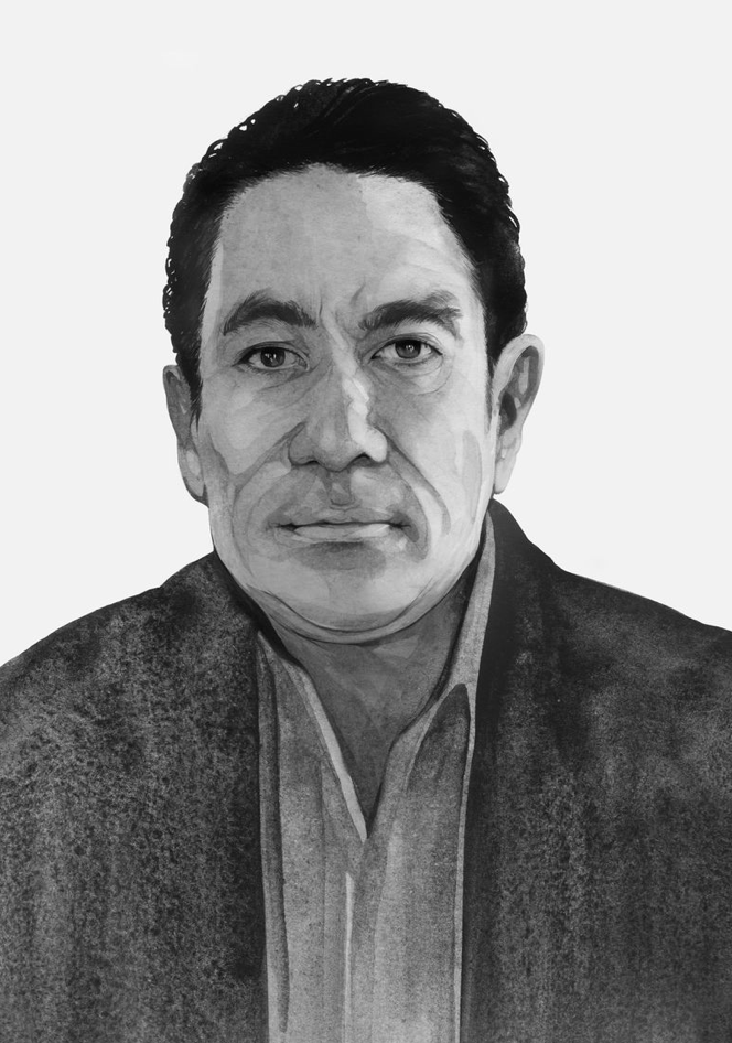A black-and-white watercolor illustration of a middle-aged Latino man with dark hair, unsmiling, wearing a collared shirt and jacket.