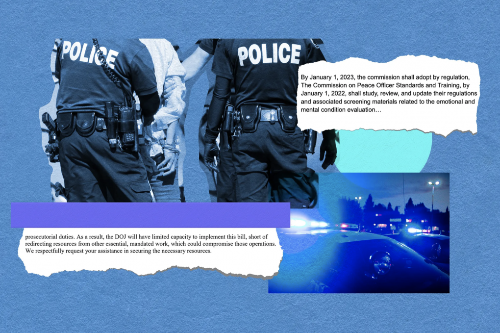 An illustration that shows the backs of two police officers and the lights of a police car with text.