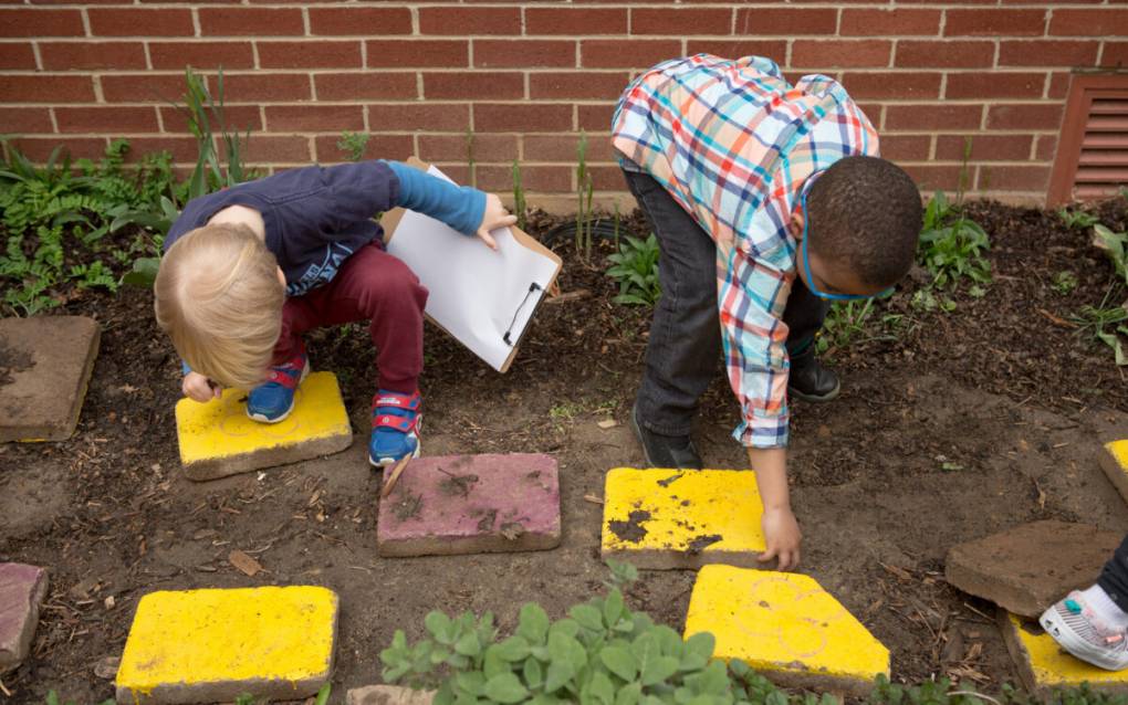 two preschool-aged boys play in a garden