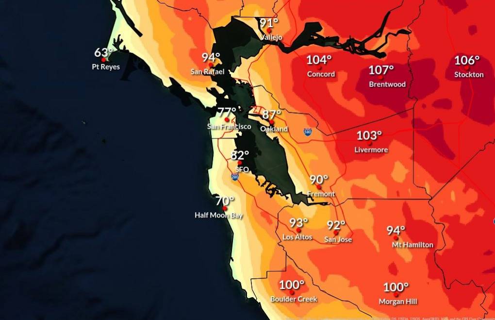 A weather map showing high temperatures throughout the eastern Bay Area and into the Central Valley.
