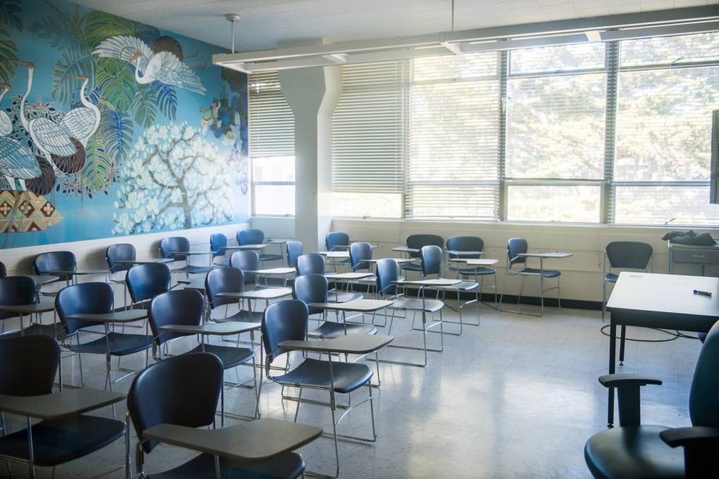 The image shows rows of chairs with writing tables attached in a classroom. Pale green trees are visible through the blinds over the windows. A mural on the left of the photo, at the back of the classroom shows a magnolia tree in full bloom, with ibis's flying and standing nearby against a backdrop of palm fronds and pale blue sky.