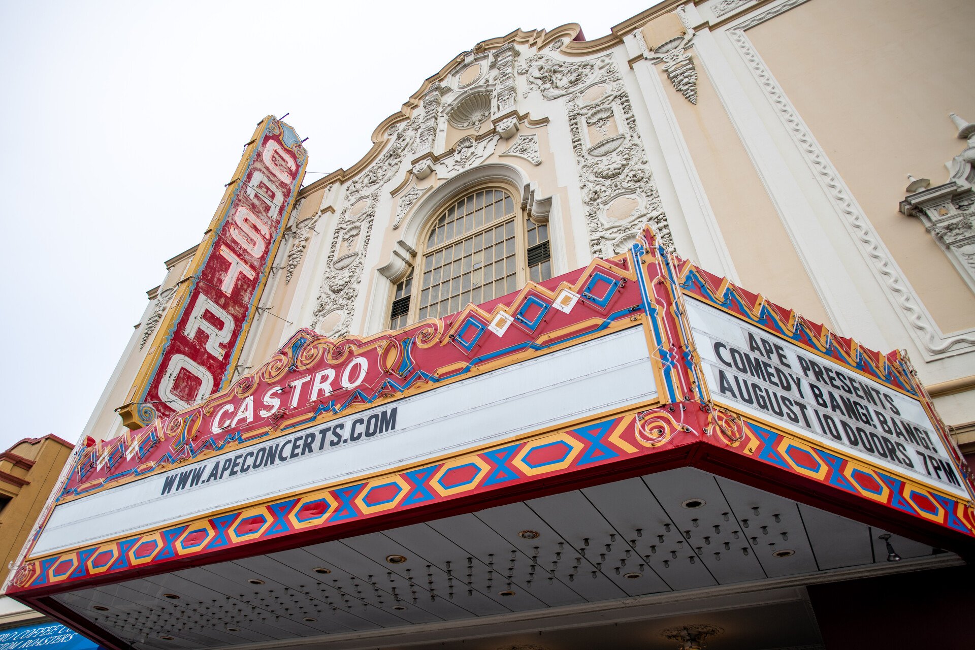 The facade of the Castro Theatre, taken from below.