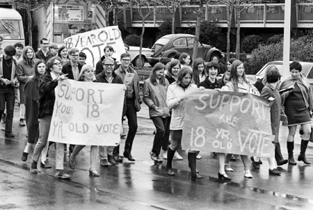 a black and white photo of a student march in Seattle in 1969