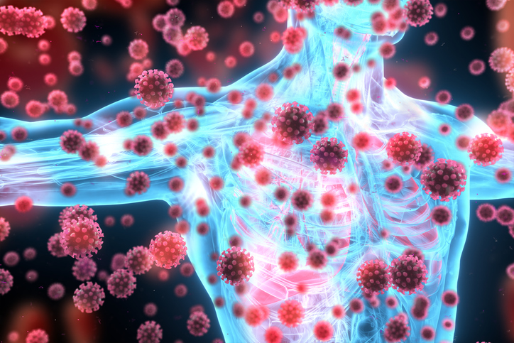 Animation of a bluish translucent human body being attacked by red coronaviruses