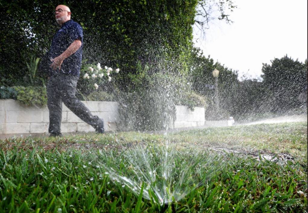 A man walks by a sprinkler on a lawn.
