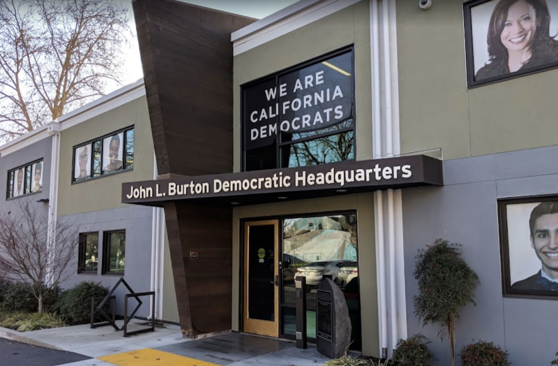 A building that says "We are California Democrats" with the message "John L. Burton Democratic Headquarters" below.