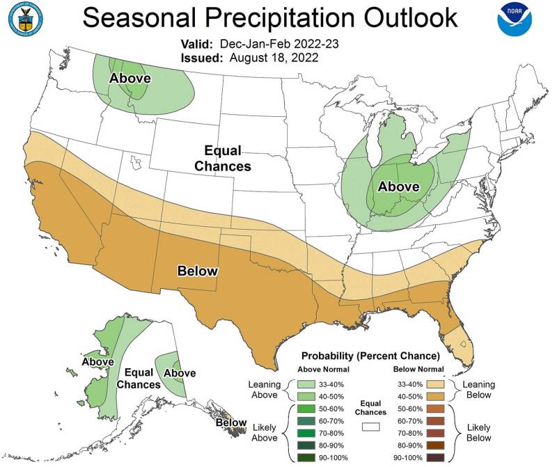 A map of the United States shows precipitation to be below average across the entire southern United States and almost all of California