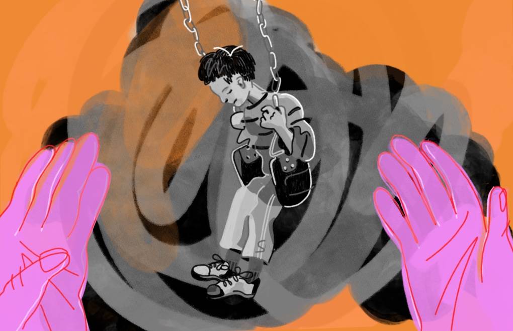 An illustration of a child sitting dejectedly on a swing.
