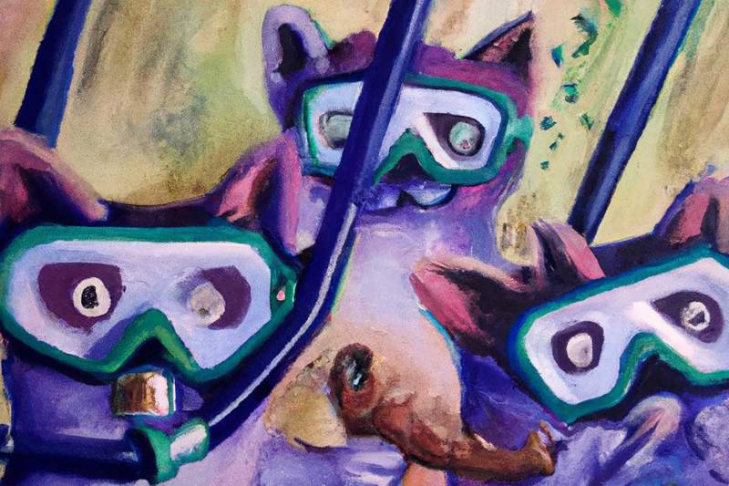 An illustration of three purple kittens wearing snorkeling masks. The illustration is in a style reminiscent of Pablo Picasso's artwork.