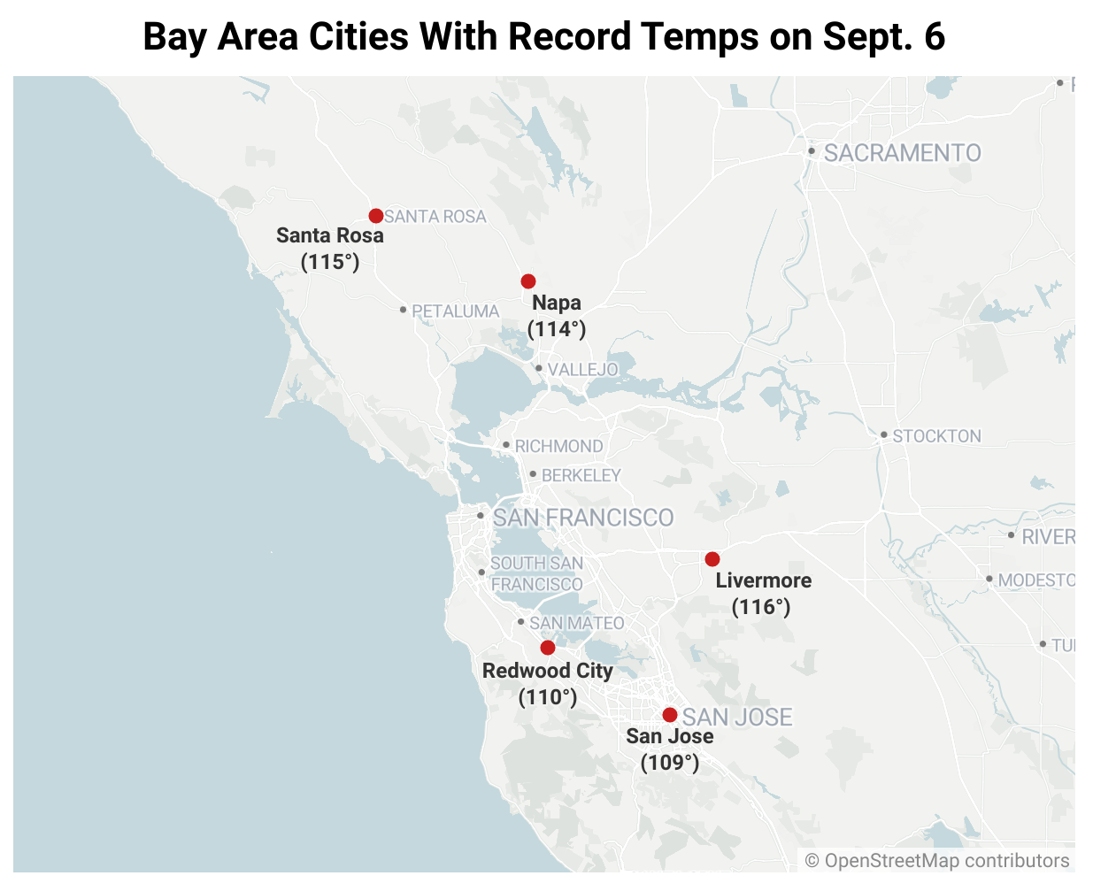 A map showing Bay Area cities with record-breaking temperatures on Sept. 6.