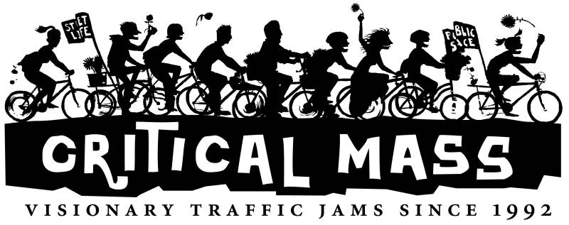 A black-and-white illustration of people riding bikes with the words "Critical Mass: Visionary Traffic Jams Since 1992" written at the bottom