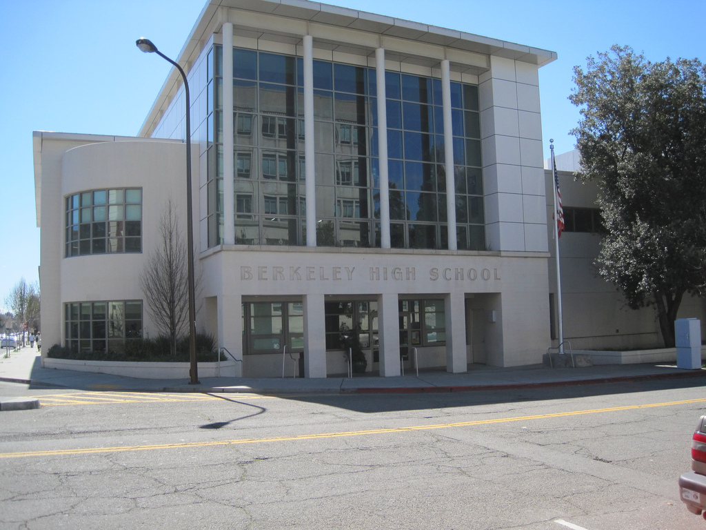 The white facade of Berkeley High School, with the name of the school written above the entrance.