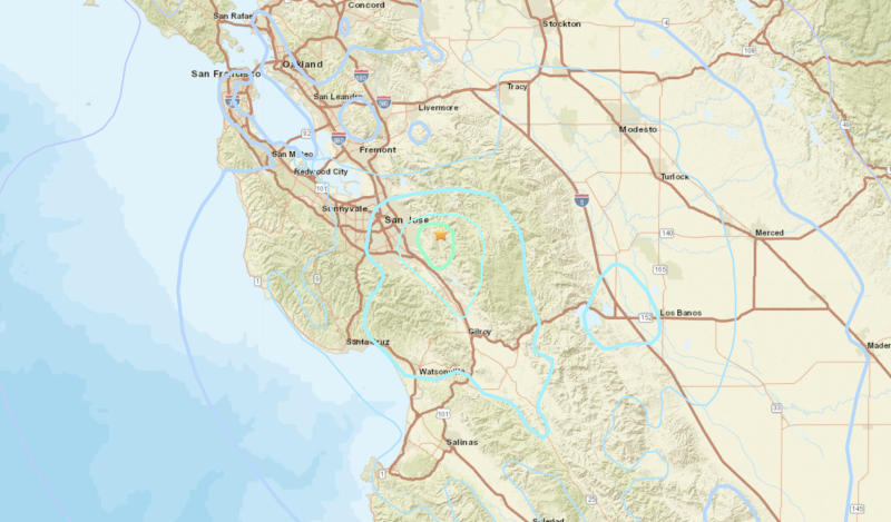 A screenshot of an earthquake map, showing a region in the the South Bay