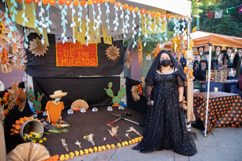 A person stands to the right wearing a long black dress with matching veil and face mask. Behind them, an ofrenda described in the story with a skeletal worker tending to some corn.