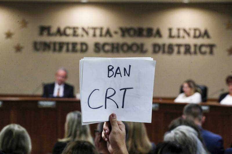 Ban CRT sign at the Placentia-Yorbia Linda Unified School District meeting