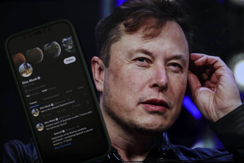 Montage of face of Elon Musk with smart phone displaying the Twitter app