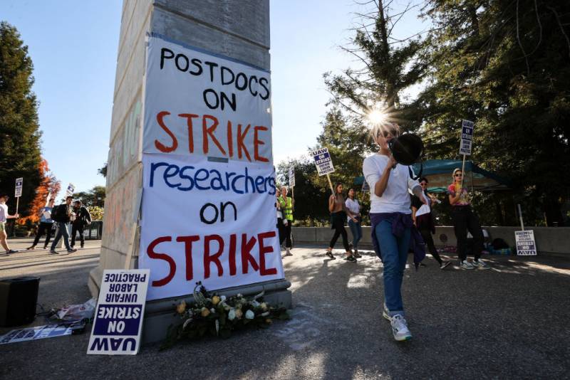 a person in jeans with a blowhorn stands in front of signs that say 'postdocs on strike' and 'researchers on strike' at a college campus
