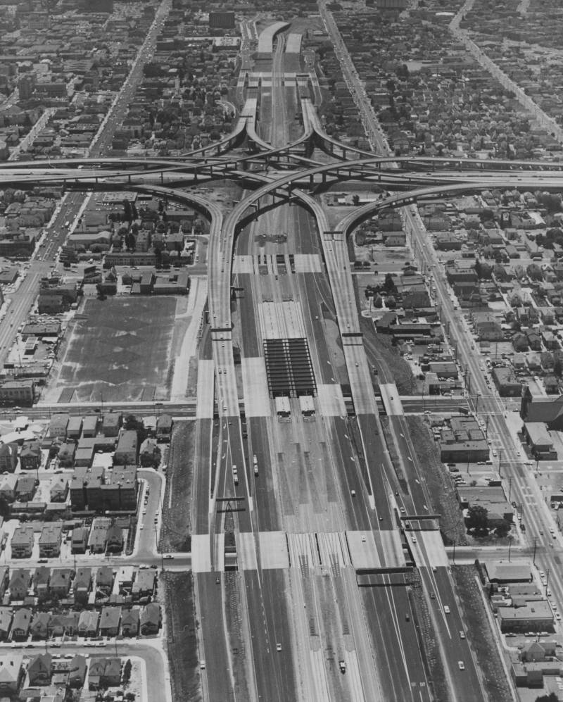 A 1970 aerial view of freeway and rapid transit construction in Oakland, California.