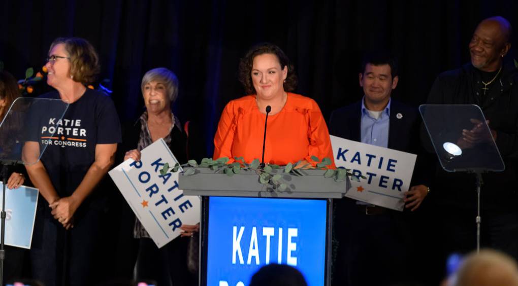 Katie Porter with supporters at her election watch party.
