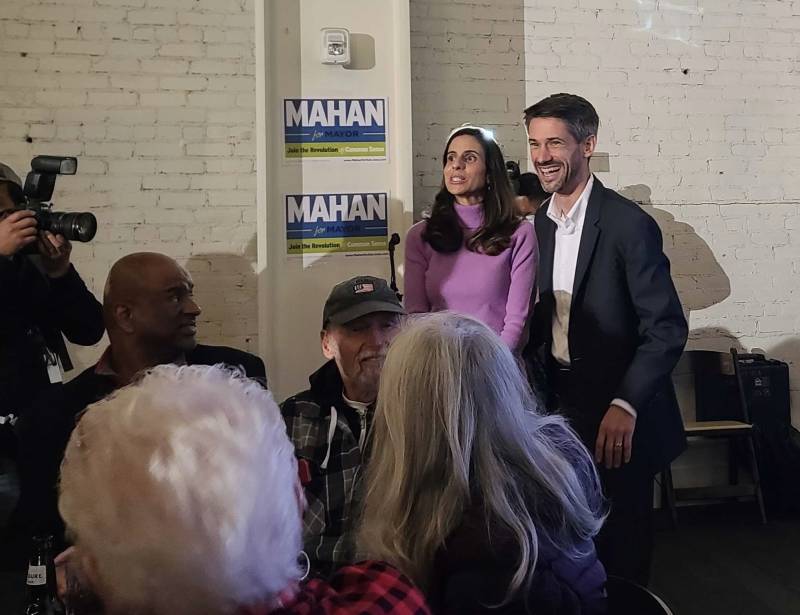 San José mayoral candidate Matt Mahan and wife in front of a party crowd.