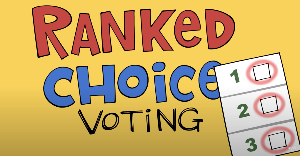 A screenshot taken from KQED's Youtube video that says "Ranked Choice Voting" with a white ballot in the right corner.